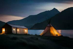 en teepee sitter i de mitten av en sjö på natt. ai-genererad foto