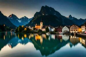 de stad av hallstatt i de alps på skymning. ai-genererad foto