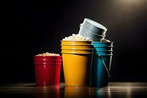 tre hinkar av popcorn på en tabell. ai-genererad foto