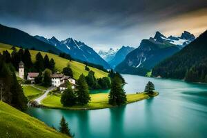 de hus på de sjö, schweiz. ai-genererad foto