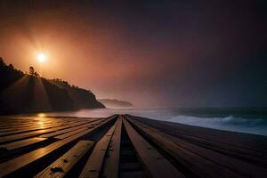 en trä- pir på de strand på solnedgång. ai-genererad foto
