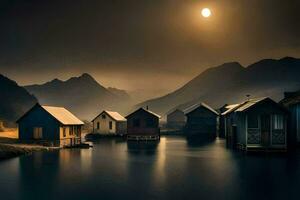 en båt hus i de mitten av en sjö på natt. ai-genererad foto