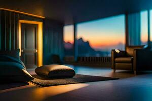 en sovrum med en se av de solnedgång. ai-genererad foto