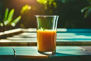 en glas av orange juice på en tabell. ai-genererad foto