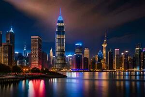 de stad horisont på natt i shanghai. ai-genererad foto