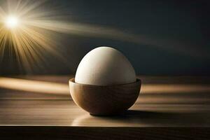 ett ägg i en trä- skål på en tabell. ai-genererad foto