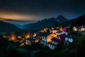 Foto tapet de himmel, berg, de natt, de by, de lampor, de ljus,. ai-genererad