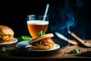en tallrik med en burger och en glas av öl. ai-genererad foto