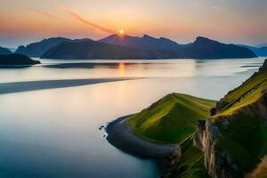 de Sol stiger över de faroe öar. ai-genererad foto