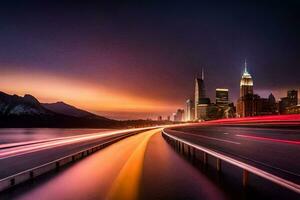en lång exponering fotografera av en stad horisont på natt. ai-genererad foto
