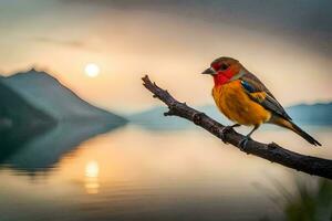 en färgrik fågel sitter på en gren i främre av en sjö. ai-genererad foto