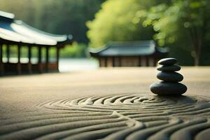 en zen trädgård med en sten cirkel. ai-genererad foto