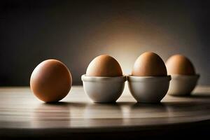 fyra ägg i små koppar på en tabell. ai-genererad foto