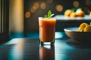 en glas av orange juice Sammanträde på en tabell. ai-genererad foto