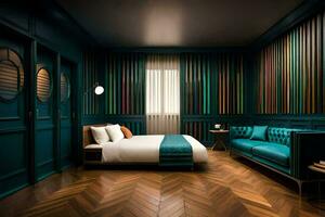 en rum med en blå säng och trä- golv. ai-genererad foto