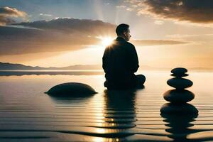en man mediterar i de vatten med stenar. ai-genererad foto