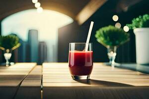 en glas av juice på en tabell i främre av en stad horisont. ai-genererad foto