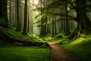 en väg genom en grön skog med träd och solstrålar. ai-genererad foto