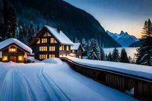 en hus i de snö med en berg i de bakgrund. ai-genererad foto