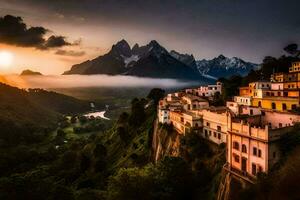 Foto tapet de himmel, berg, moln, de Sol, de berg, de by, de. ai-genererad