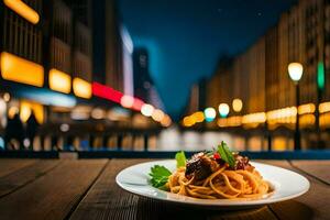 en tallrik av spaghetti med kött och grönsaker på en trä- tabell i en stad på natt. ai-genererad foto