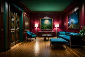 en rum med en blå soffa och en målning på de vägg. ai-genererad foto