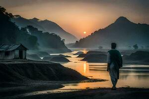 en man gående längs de flod på soluppgång. ai-genererad foto