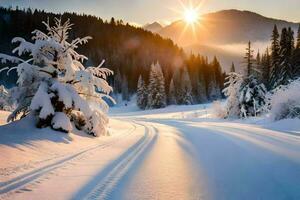 snö täckt träd och de Sol lysande i de bakgrund. ai-genererad foto