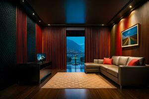 en levande rum med en soffa, en tv och en se av de berg. ai-genererad foto