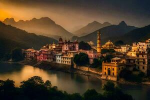 de solnedgång över de stad av rishikesh. ai-genererad foto