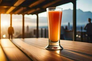 en glas av orange juice på en tabell i främre av en stad horisont. ai-genererad foto