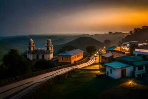 en stad på solnedgång med en kyrka och en väg. ai-genererad foto