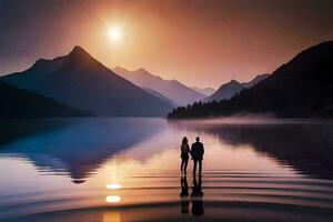 två människor stå i de vatten på solnedgång. ai-genererad foto