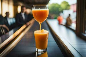 en glas av orange juice varelse hällde in i en glas. ai-genererad foto