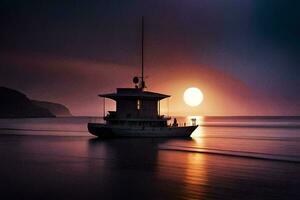 en båt är segling på de hav på solnedgång. ai-genererad foto