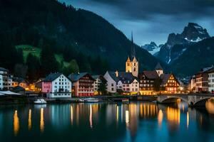 de stad av hallstatt i de alps på natt. ai-genererad foto