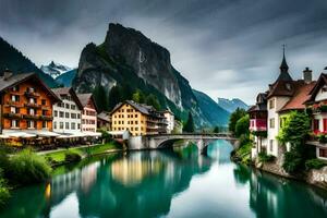 Foto tapet de himmel, berg, vatten, hus, bro, stad, schweiz, euro. ai-genererad