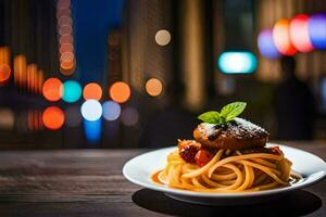 en tallrik av spaghetti med en tomat och köttbulle på en trä- tabell i en restaurang. ai-genererad foto