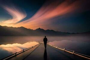 en man stående på en pir ser på de himmel. ai-genererad foto