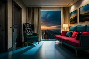 en hotell rum med en se av de stad på solnedgång. ai-genererad foto