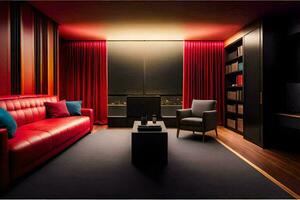 en röd läder soffa sitter i en rum med en svart och röd vägg. ai-genererad foto