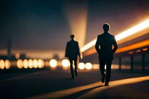 två människor gående ner en väg på natt. ai-genererad foto