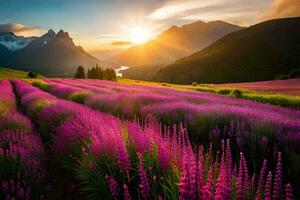 de Sol stiger över en lavendel- fält i de berg. ai-genererad foto