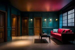 en rum med blå väggar och röd möbel. ai-genererad foto