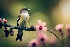 en fågel sitter på en gren med rosa blommor. ai-genererad foto