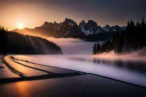en sjö och bergen på solnedgång. ai-genererad foto