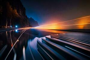 en lång exponering fotografera av en bil körning på en väg på natt. ai-genererad foto