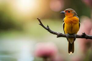 en små orange och gul fågel är Sammanträde på en gren. ai-genererad foto