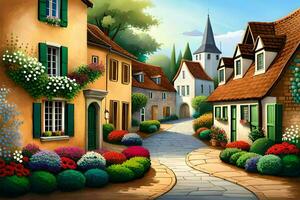 en målning av en gata med blommor och hus. ai-genererad foto