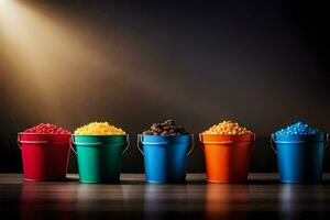 färgrik hinkar av popcorn på en mörk bakgrund. ai-genererad foto